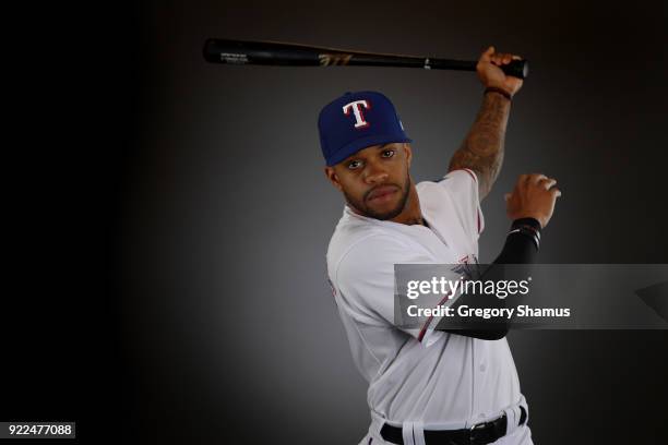 Delino DeShields of the Texas Rangers poses during Texas Rangers Photo Day at the Surprise Stadium training facility on February 21, 2018 in...