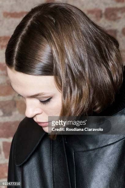 Model Cara Taylor is seen backstage ahead of the Alberta Ferretti show during Milan Fashion Week Fall/Winter 2018/19 on February 21, 2018 in Milan,...