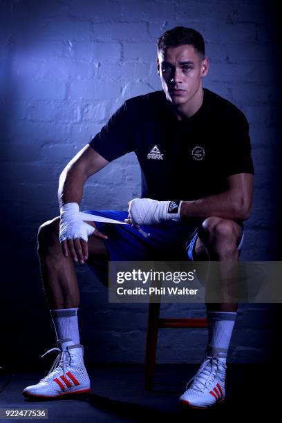 David Nyika poses for a portrait during the New Zealand Commonwealth Games Boxing Team Announcement at Wreck Room on February 22, 2018 in Auckland,...