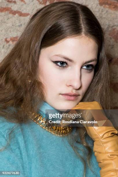 Model Felice Nova Noordhoff is seen backstage ahead of the Alberta Ferretti show during Milan Fashion Week Fall/Winter 2018/19 on February 21, 2018...