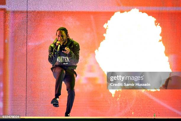 Kendrick Lamar performs on stage at The BRIT Awards 2018 held at The O2 Arena on February 21, 2018 in London, England.