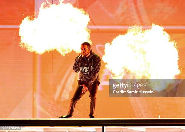 Kendrick Lamar performs on stage at The BRIT Awards 2018 held at The O2 Arena on February 21, 2018 in London, England.