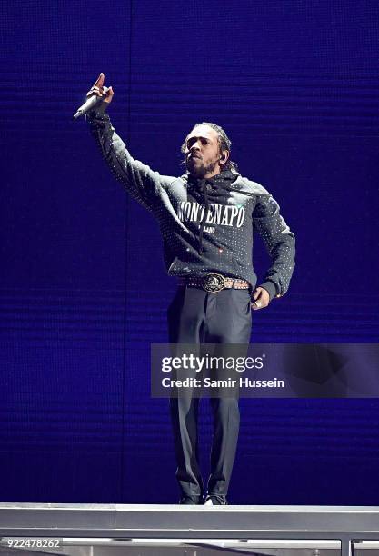 Kendrick Lamar performs on stage at The BRIT Awards 2018 held at The O2 Arena on February 21, 2018 in London, England.