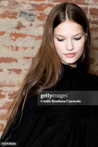 Model Faretta is seen backstage ahead of the Alberta Ferretti show during Milan Fashion Week Fall/Winter 2018/19 on February 21, 2018 in Milan, Italy.