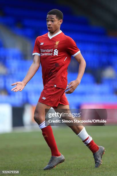 Elijah Dixon-Bonner of Liverpool during the UEFA Youth League Round of 16 match between Liverpool and Manchester United at Prenton Park on February...