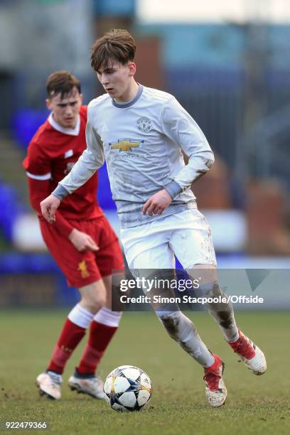 James Garner of Man Utd in action during the UEFA Youth League Round of 16 match between Liverpool and Manchester United at Prenton Park on February...