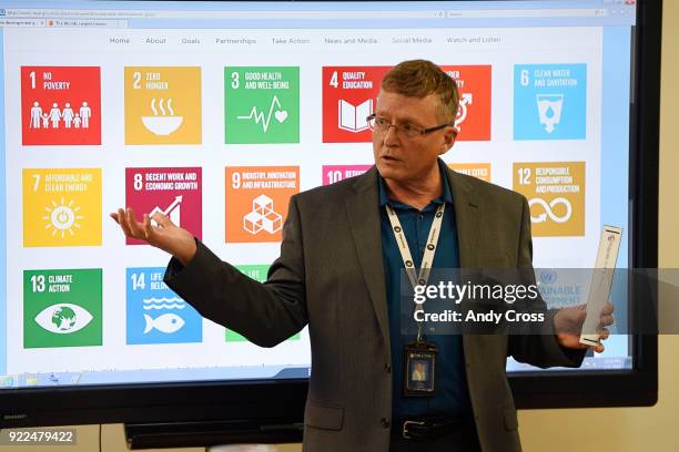 Gregg Cannady, Collaboration and Concept Development teacher at STEM Highlands Ranch, talks with his students during an interactive class with...