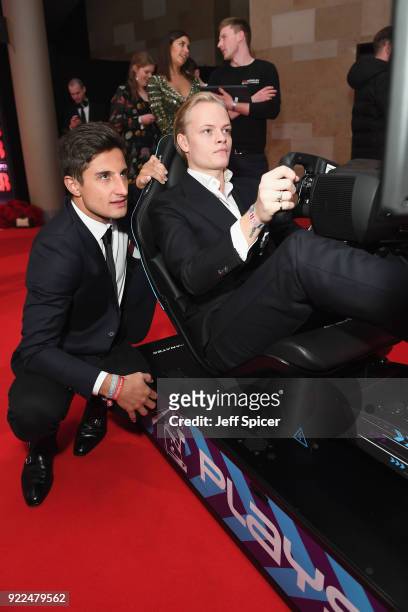 Mitch Evans and Marius Borg Hoiby compete on the Formula E Simulator at the BRITS official aftershow party, in partnership with Tempus Magazine, at...