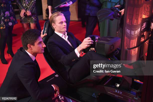 Mitch Evans and Marius Borg Hoiby compete on the Formula E Simulator at the BRITS official aftershow party, in partnership with Tempus Magazine, at...