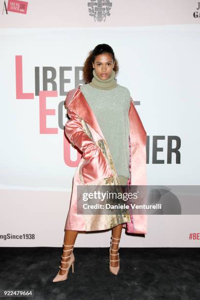 Tina Kunakey attends 'Grazia Scandal' party during Milan Fashion Week Fall/Winter 2018/19 on February 21, 2018 in Milan, Italy.