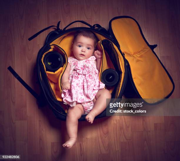 cute baby girl in photographer backpack - skimpy girls stock pictures, royalty-free photos & images