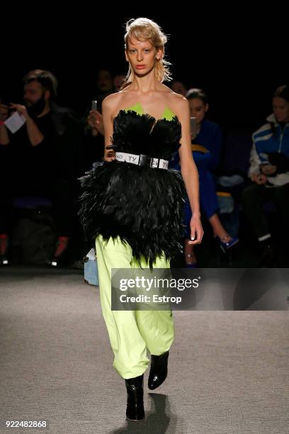 Model walks the runway at the Natasha Zinko show during London Fashion Week February 2018 at The Queen Elizabeth II Conference Centre on February 20,...