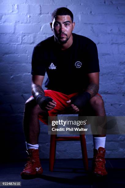 Leroy Hindley poses for a portrait during the New Zealand Commonwealth Games Boxing Team Announcement at Wreck Room on February 22, 2018 in Auckland,...