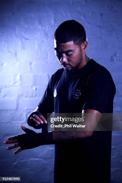 Leroy Hindley poses for a portrait during the New Zealand Commonwealth Games Boxing Team Announcement at Wreck Room on February 22, 2018 in Auckland,...