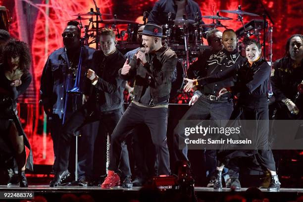 Justin Timberlake performs on stage at The BRIT Awards 2018 held at The O2 Arena on February 21, 2018 in London, England.