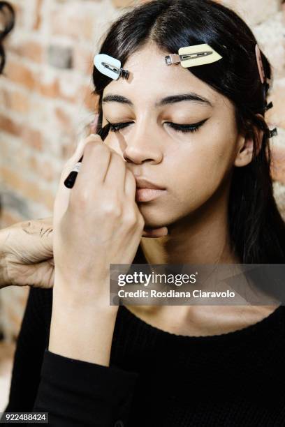 Model is seen backstage ahead of the Alberta Ferretti show during Milan Fashion Week Fall/Winter 2018/19 on February 21, 2018 in Milan, Italy.