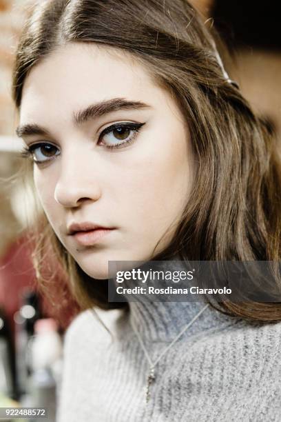 Model Julia Ratner is seen backstage ahead of the Alberta Ferretti show during Milan Fashion Week Fall/Winter 2018/19 on February 21, 2018 in Milan,...