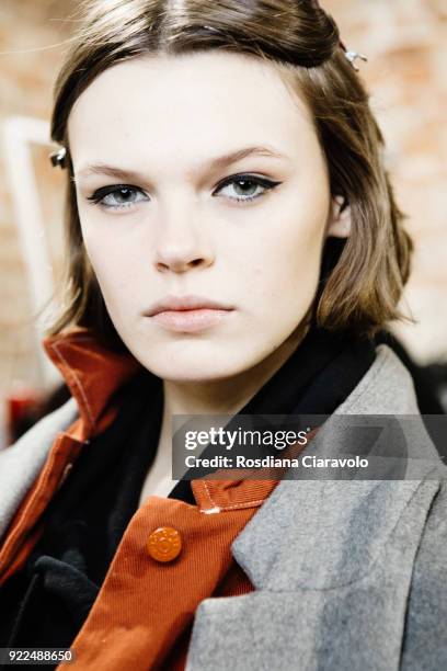 Model Cara Taylor is seen backstage ahead of the Alberta Ferretti show during Milan Fashion Week Fall/Winter 2018/19 on February 21, 2018 in Milan,...