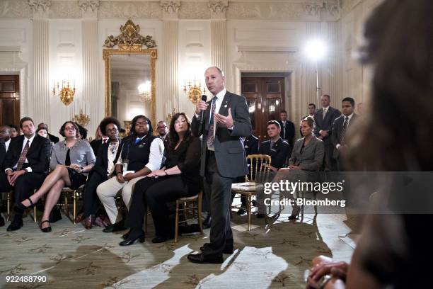 Mark Barden, whose son Daniel was killed at Sandy Hook Elementary School, speaks during a listening session with U.S. President Donald Trump, not...