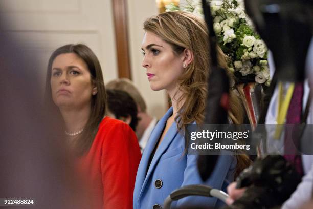 Hope Hicks, White House communications director, stands during a listening session with U.S. President Donald Trump, not pictured, on gun violence...