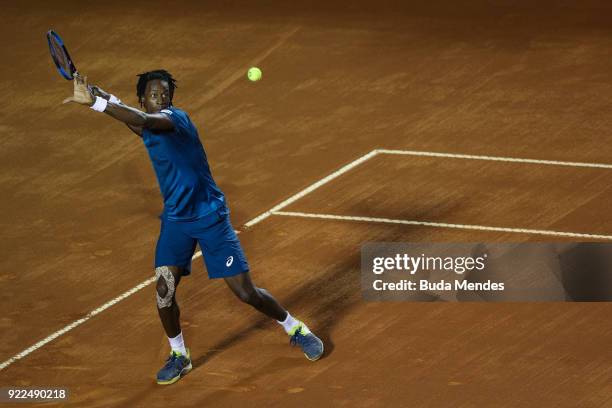 Gael Monfils of France returns a shot to Marin Cilic of Croatia during the ATP Rio Open 2018 at Jockey Club Brasileiro on February 21, 2018 in Rio de...