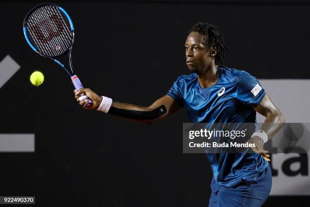 Gael Monfils of France returns a shot to Marin Cilic of Croatia during the ATP Rio Open 2018 at Jockey Club Brasileiro on February 21, 2018 in Rio de...