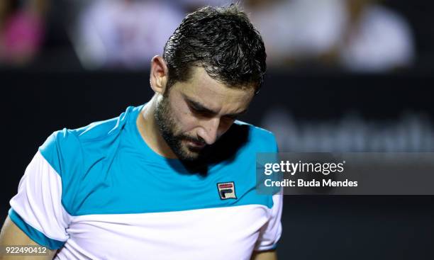 Marin Cilic of Croatia reacts during a match against Gael Monfils of France during the ATP Rio Open 2018 at Jockey Club Brasileiro on February 21,...