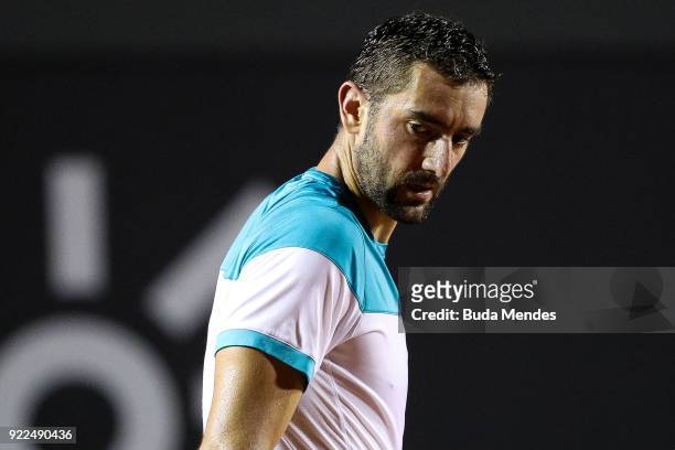 Marin Cilic of Croatia reacts during a match against Gael Monfils of France during the ATP Rio Open 2018 at Jockey Club Brasileiro on February 21,...