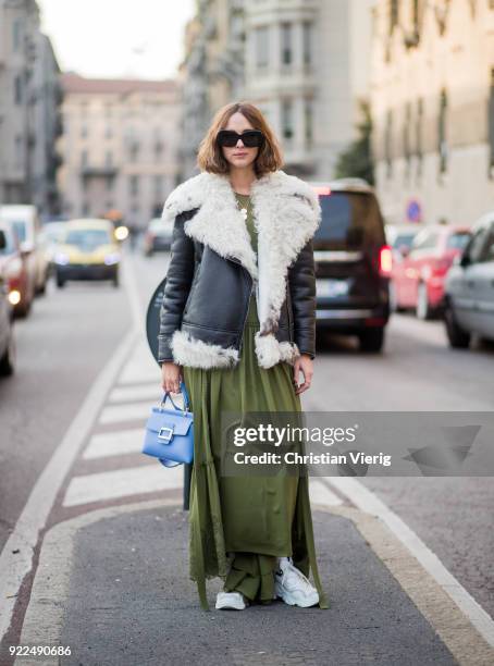 Candela Novembre wearing shearling jacket seen outside Alberta Ferretti during Milan Fashion Week Fall/Winter 2018/19 on February 21, 2018 in Milan,...
