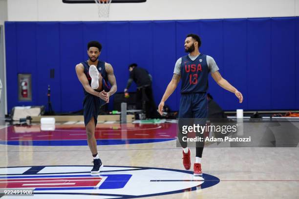 Larry Drew II and Xavier Silas of Team USA stretch during practice on February 20, 2018 at the LA Clippers Training Center in Playa Vista,...