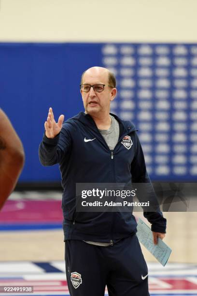 Jeff Van Gundy coaches the players during practice on February 20, 2018 at the LA Clippers Training Center in Playa Vista, California. NOTE TO USER:...