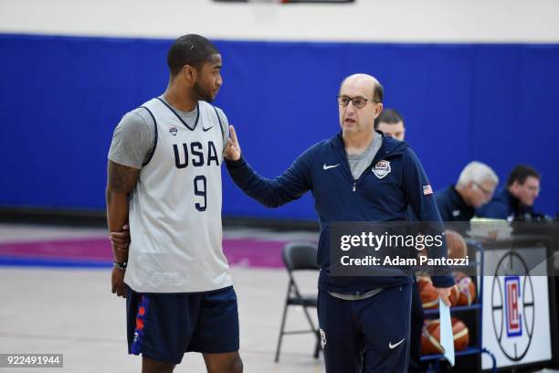 Rodney Purvis talks with Jeff Van Gundy of Team USA on February 20, 2018 at the LA Clippers Training Center in Playa Vista, California. NOTE TO USER:...