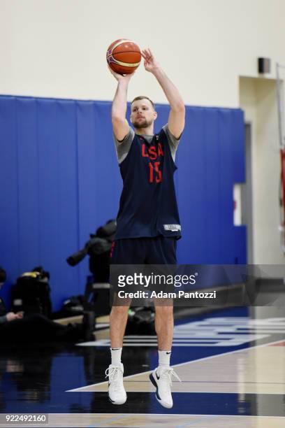 Taylor Braun of Team USA shoots the ball during practice on February 20, 2018 at the LA Clippers Training Center in Playa Vista, California. NOTE TO...