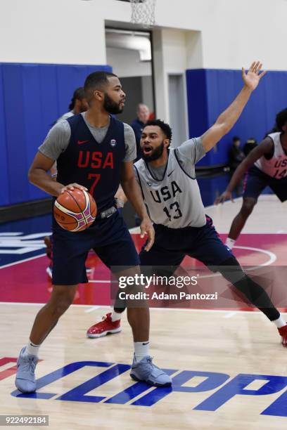 Aaron Harrison of Team USA handles the ball against Xavier Silas during practice on February 20, 2018 at the LA Clippers Training Center in Playa...