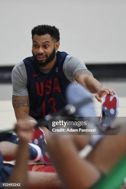 Xavier Silas of Team USA stretches during practice on February 20, 2018 at the LA Clippers Training Center in Playa Vista, California. NOTE TO USER:...