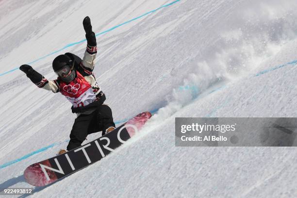 Laurie Blouin of Canada competes during the Snowboard - Ladies' Big Air Final Run 1 on day 13 of the PyeongChang 2018 Winter Olympic Games at Phoenix...