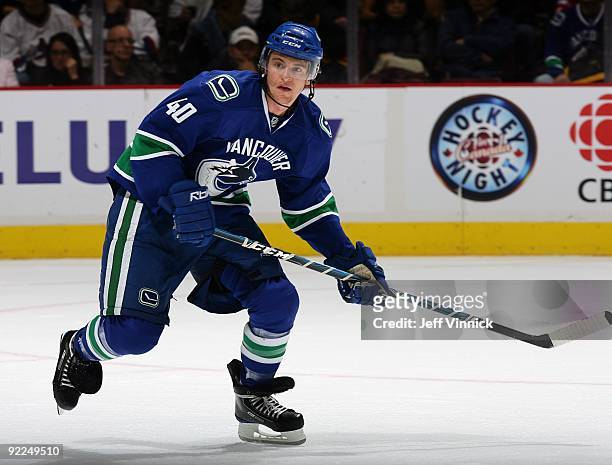 Michael Grabner of the Vancouver Canucks skates up ice during their game against the Minnesota Wild at General Motors Place on October 17, 2009 in...