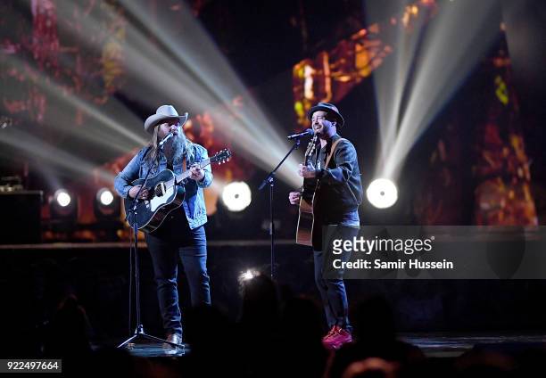 Chris Stapleton and Justin Timberlake perform on stage at The BRIT Awards 2018 held at The O2 Arena on February 21, 2018 in London, England.