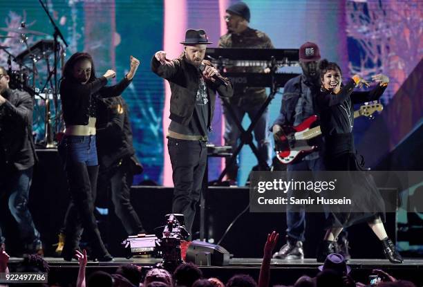 Justin Timberlake performs on stage at The BRIT Awards 2018 held at The O2 Arena on February 21, 2018 in London, England.