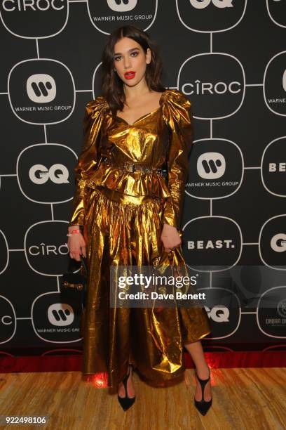 Dua Lipa attends the Brits Awards 2018 After Party hosted by Warner Music Group, Ciroc and British GQ at Freemasons Hall on February 21, 2018 in...