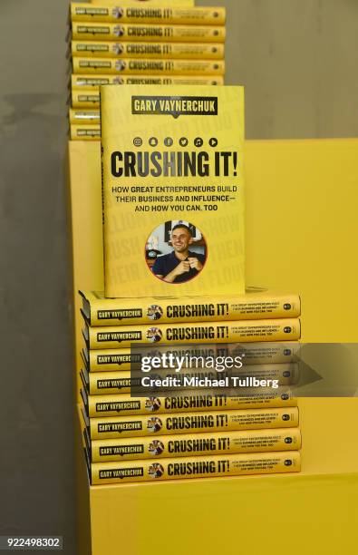 Entrepreneur and Internet personality Gary Vaynerchuk's book "Crushing It!" at Shoe Palace on February 21, 2018 in Los Angeles, California.