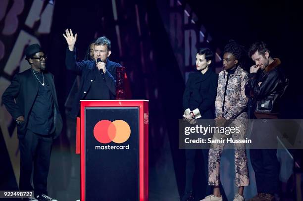 Damon Albarn and Gorillaz on stage at The BRIT Awards 2018 held at The O2 Arena on February 21, 2018 in London, England.