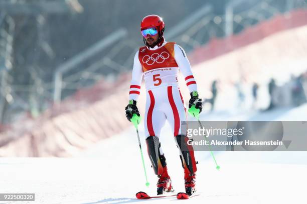 Marcel Hirscher of Austria fails to finish during the Men's Slalom on day 13 of the PyeongChang 2018 Winter Olympic Games at Yongpyong Alpine Centre...
