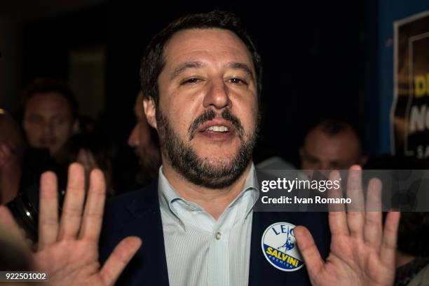 Matteo Salvini, premier candidate for the League, attends a campaign event at the San Marco Cinema on February 21, 2018 in Caserta, Italy. The...