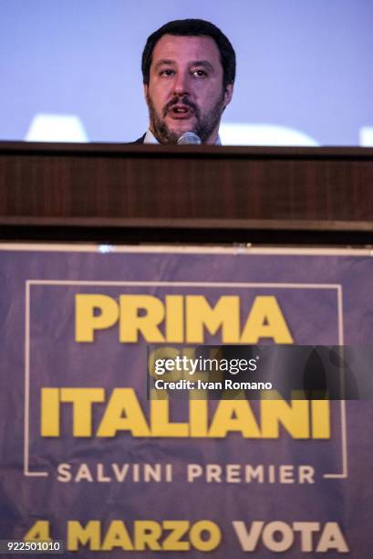 Matteo Salvini, premier candidate for the League, attends a campaign event at the San Marco Cinema on February 21, 2018 in Caserta, Italy. The...