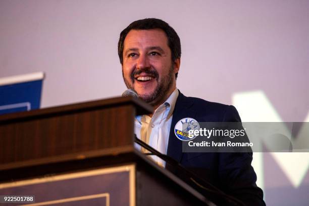 Matteo Salvini, premier candidate for the League, attends a campaign event at the San Marco Cinema on February 21, 2018 in Caserta, Italy. The...