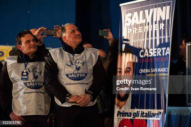 Supporters of Matteo Salvini, premier candidate for the League, attend a campaign event at the San Marco Cinema on February 21, 2018 in Caserta,...