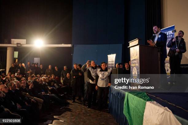 Matteo Salvini, premier candidate for the League, attends a campaign event at the San Marco Cinema on February 21, 2018 in Caserta, Italy. The...