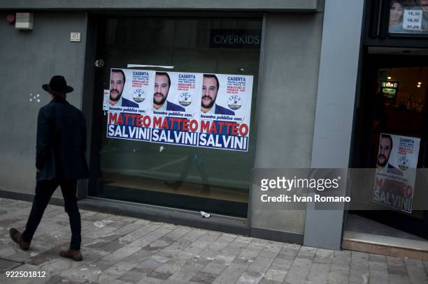 Campaign signs for Matteo Salvini, premier candidate for the League, is shown near the San Marco Cinema where he was to attend a campaign event on...