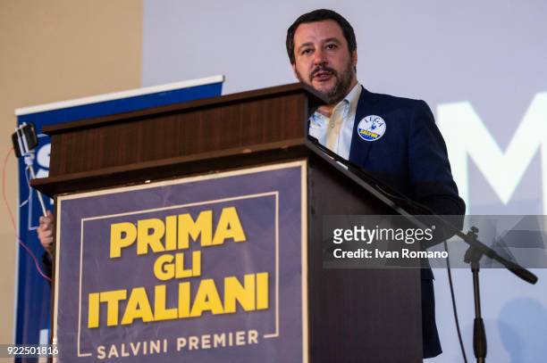 Matteo Salvini, premier candidate for the League, attends a campaign event at the San Marco Cinema on February 21, 2018 in Caserta, Italy. The...